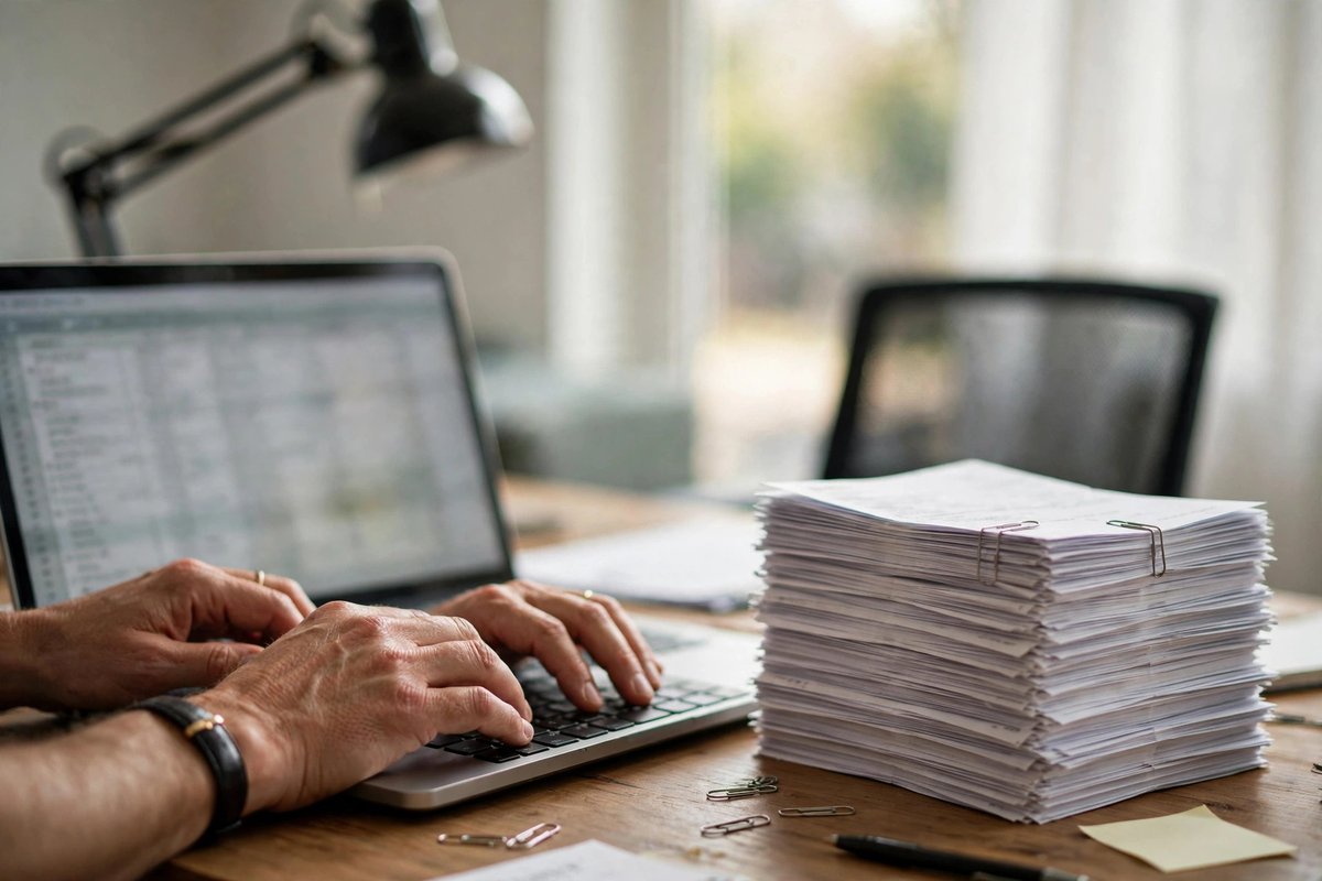 Bookkeeper reviewing a converted bank statement spreadsheet on a laptop